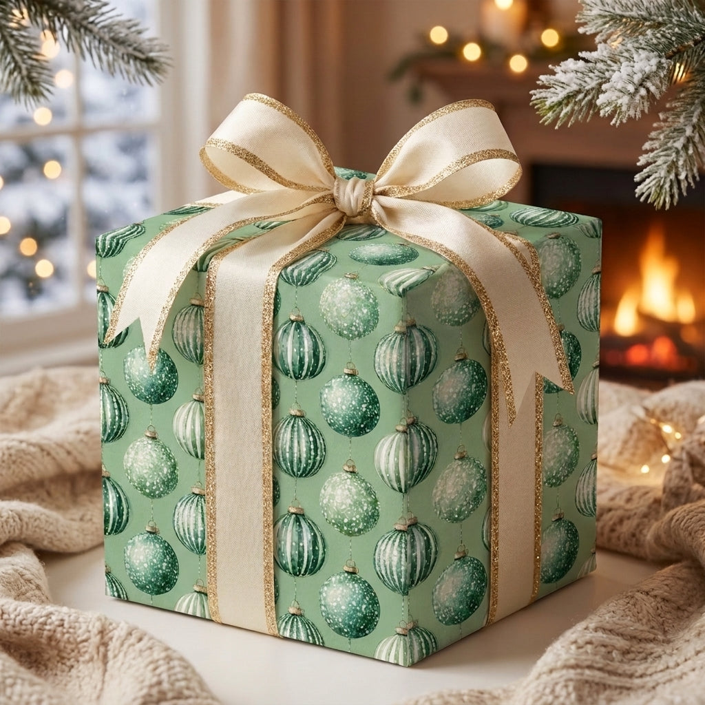 Green ornament Christmas gift wrap with a luxury gold-trimmed bow, from Wrapped Studios.