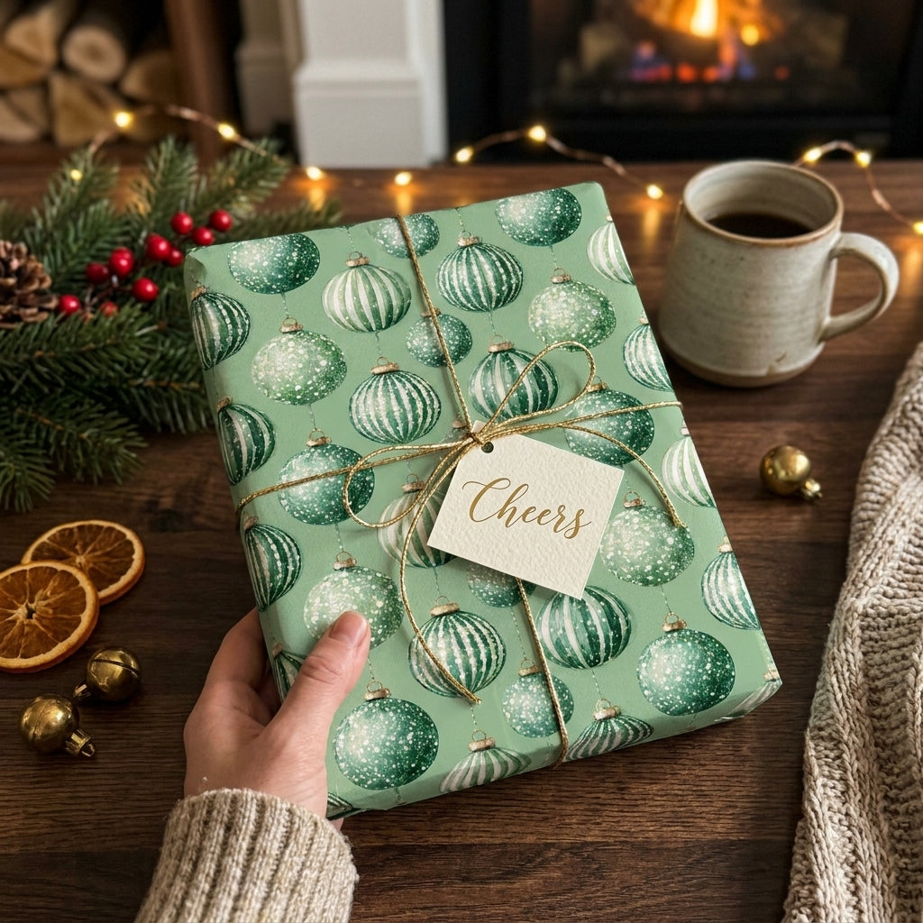 Green Christmas ornament wrapping paper with gold twine on a holiday gift by Wrapped Studios.