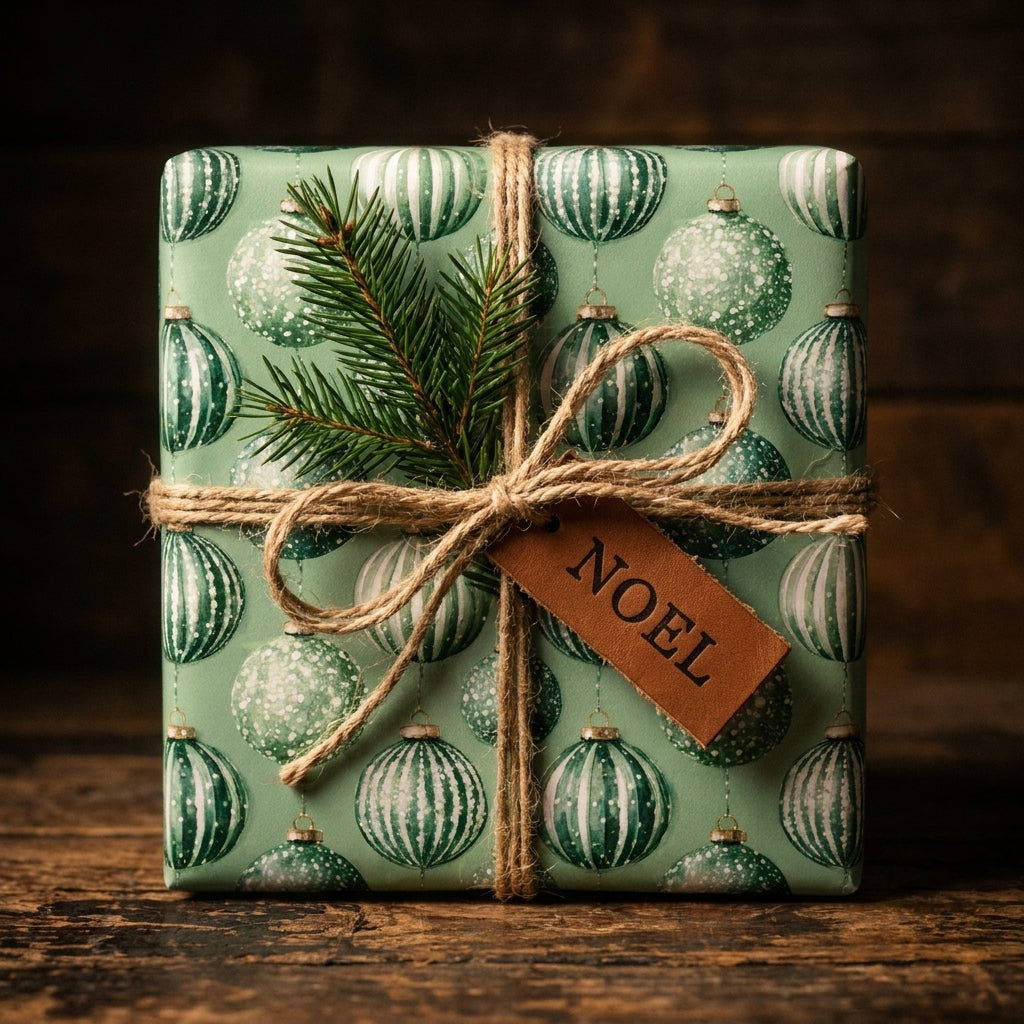 Sage green ornament Christmas wrapping paper by Wrapped Studios on a rustic gift box with twine and a Noel tag.