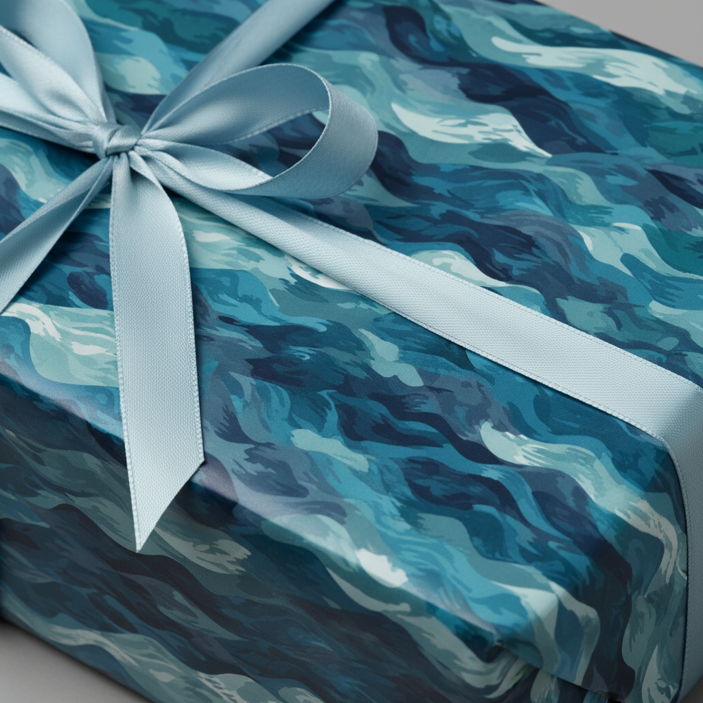 Abstract blue wave wrapping paper on gift box, tied with light blue ribbon.