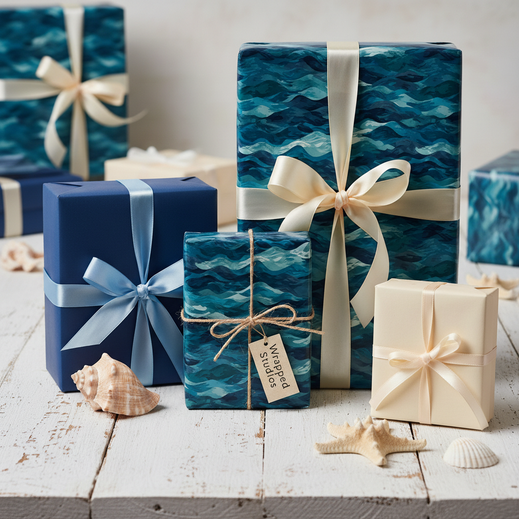 Elegant ocean wave wrapping paper with ribbon on gifts for birthdays or special occasions.