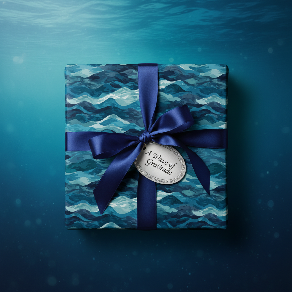 Gift wrapped in blue wave pattern wrapping paper with navy satin bow; gratitude tag.