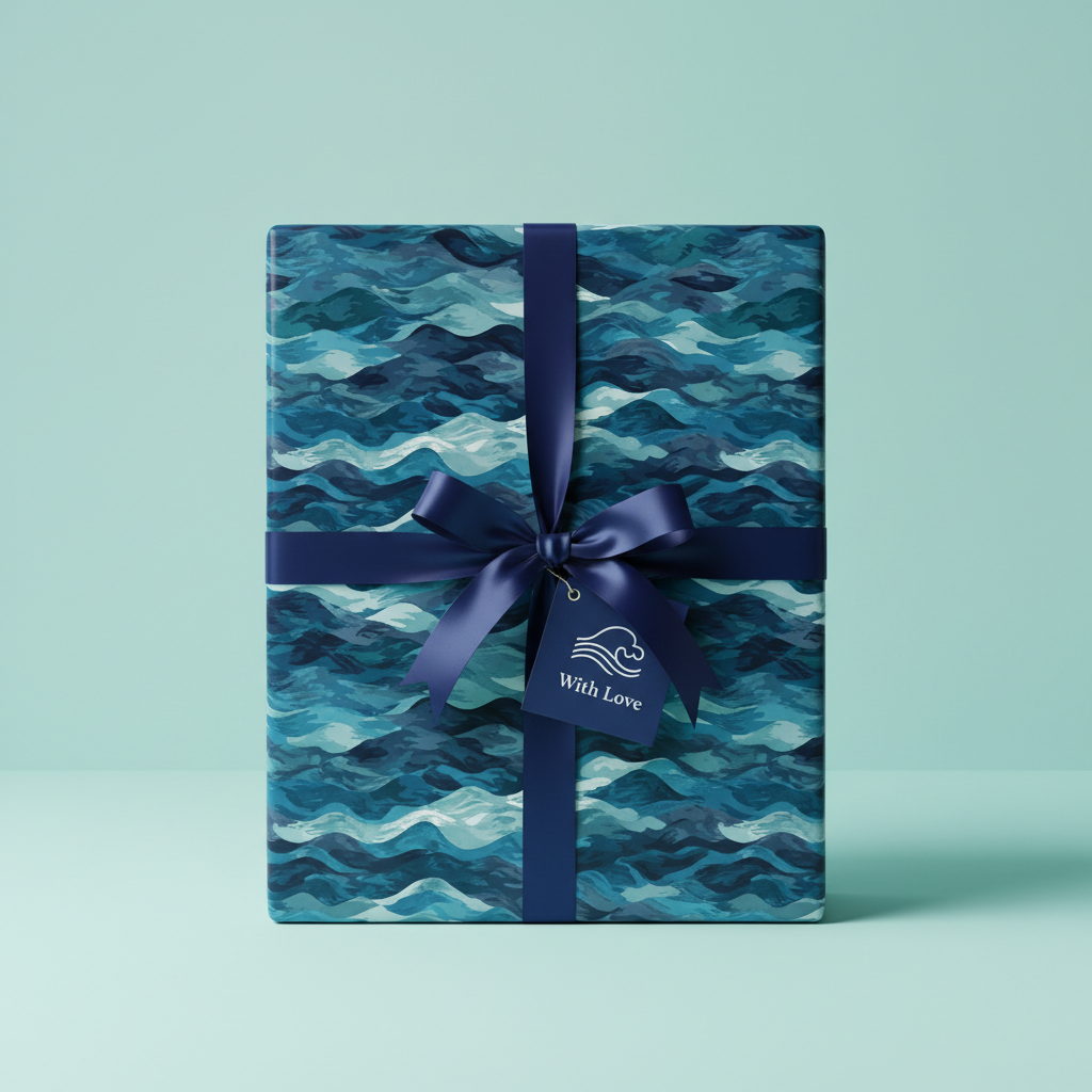 Gift wrapped in ocean wave print wrapping paper with navy blue ribbon and "With Love" tag.