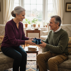 Couple exchanging a small, square gift wrapped in blue wave patterned paper with navy velvet ribbon.
