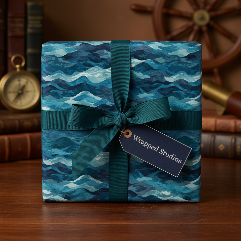 Elegant gift wrapped in blue ocean wave wrapping paper with teal ribbon, nautical themed.