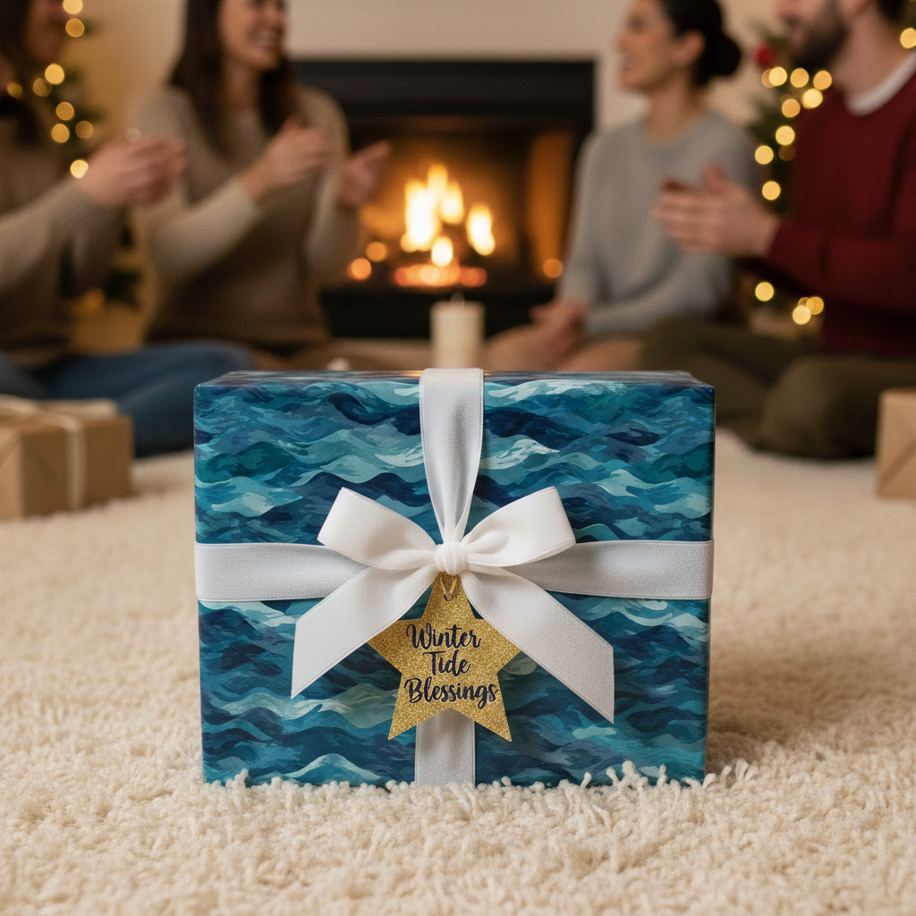 Christmas gift wrapped in ocean wave wrapping paper with a white ribbon and gold star tag.