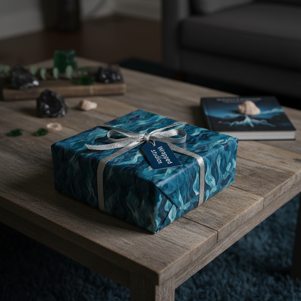 Modern gift box wrapped in abstract blue wrapping paper with a silver ribbon on a wood table.