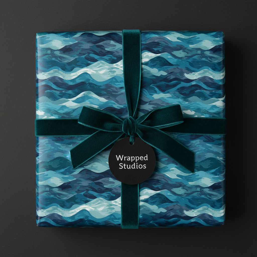 Blue wave pattern wrapping paper with dark green velvet ribbon and tag.