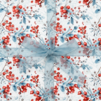 Watercolor winter berries and blue foliage wrapping paper with a sheer blue ribbon and bow, perfect for elegant Christmas or holiday gifts.