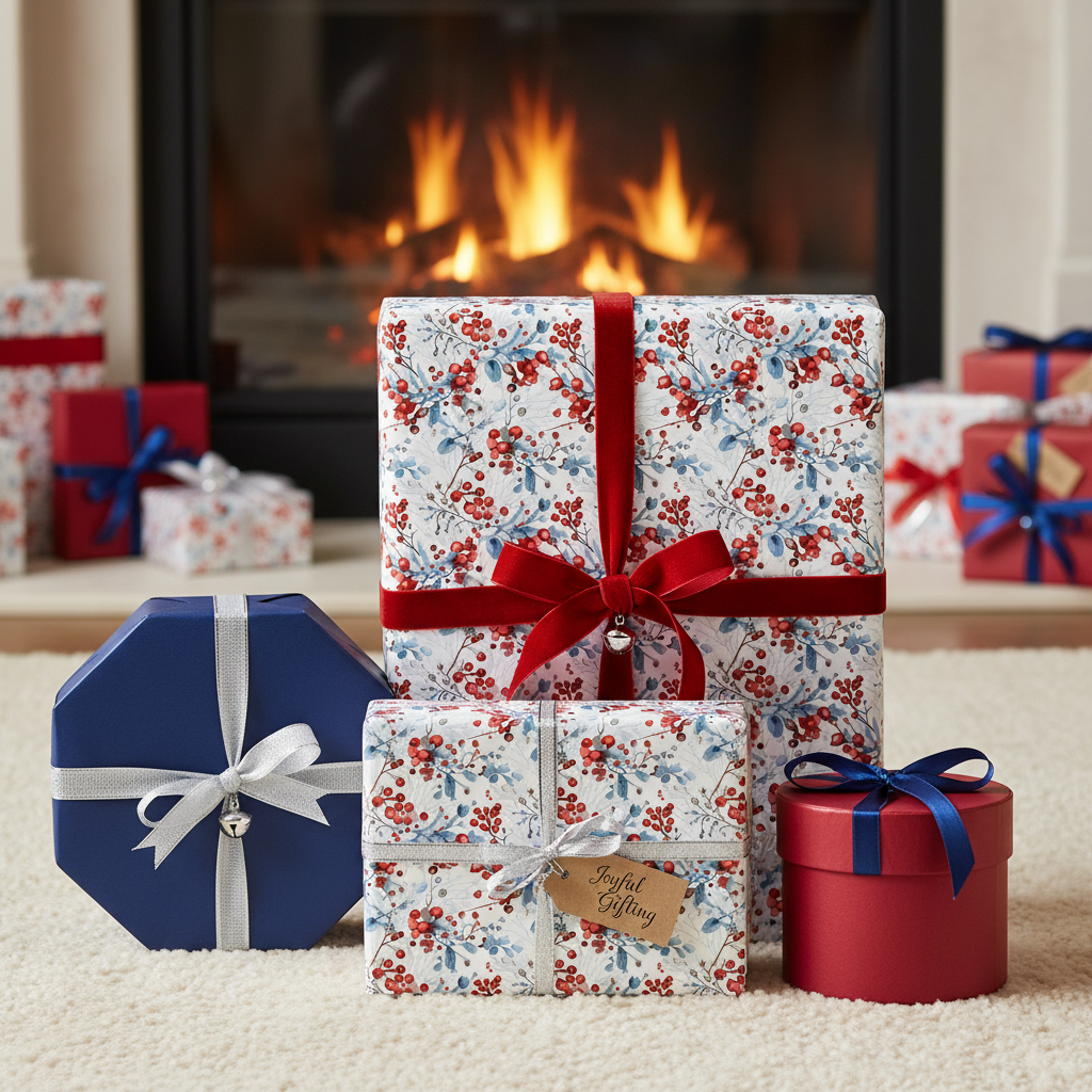 Festive red berry and foliage Christmas wrapping paper with red velvet ribbon, surrounding blue and red gift boxes by a cozy fireplace.