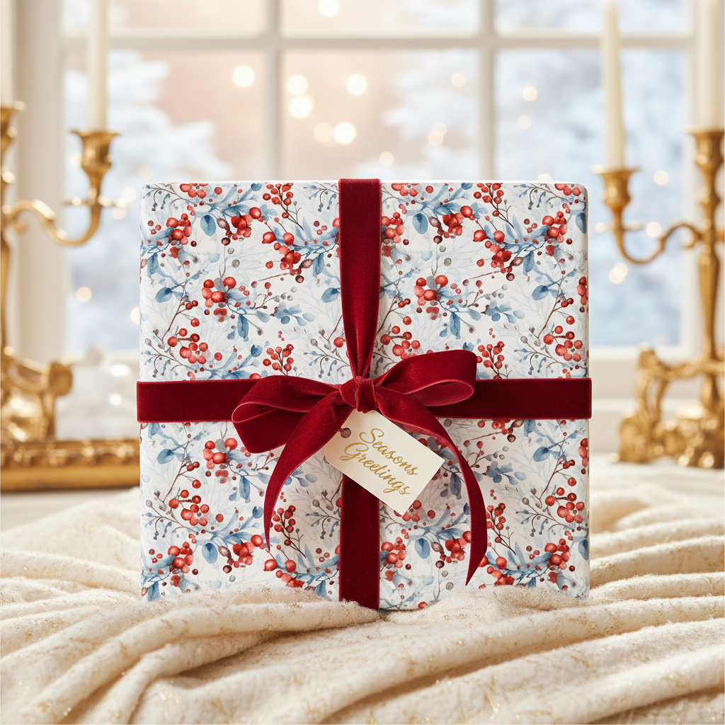 Christmas gift wrapped in festive red berry and foliage botanical paper with a red velvet ribbon, Seasons Greetings tag, and winter window view.