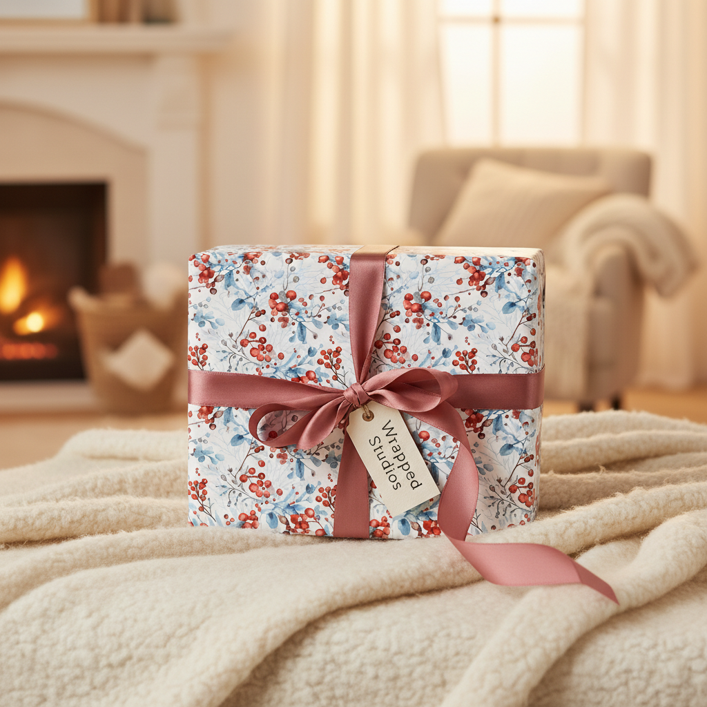 Winter berry holiday wrapping paper with a pink ribbon and gift tag, perfect for Christmas presents.