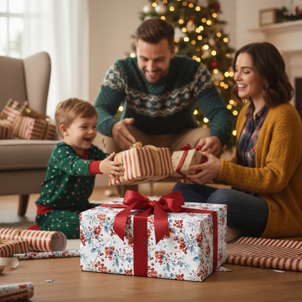Festive holiday wrapping paper with a red berry and foliage pattern, accented with a red ribbon, perfect for luxury Christmas gifts.