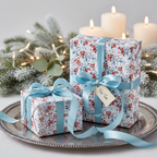 Elegant festive wrapping paper with a red berry and blue leaf pattern, tied with a blue ribbon, on a silver tray with candles.
