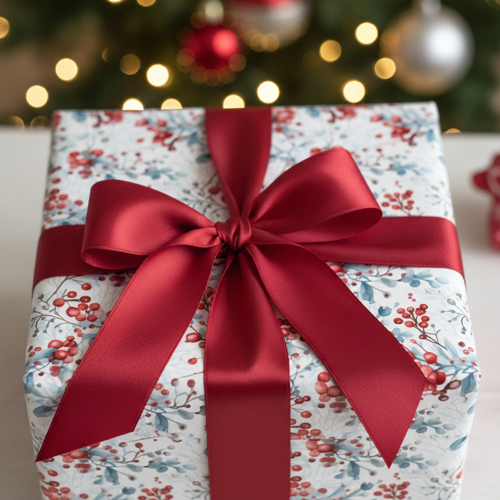 Festive holiday wrapping paper with a red berry and leaf pattern, tied with a luxurious deep red ribbon and bow, set against a blurred Christmas tree.