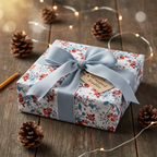 Christmas berry botanical wrapping paper with a pale blue ribbon and gift tag, surrounded by pinecones and fairy lights on a rustic wood table.
