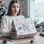Christmas wrapping paper with a festive berry pattern and silver ribbon, held by a surprised woman in a cozy holiday setting.