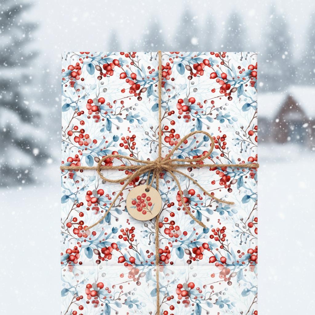 Christmas wrapping paper with red berries and blue leaves, tied with rustic twine and a round gift tag, against a snowy winter background.