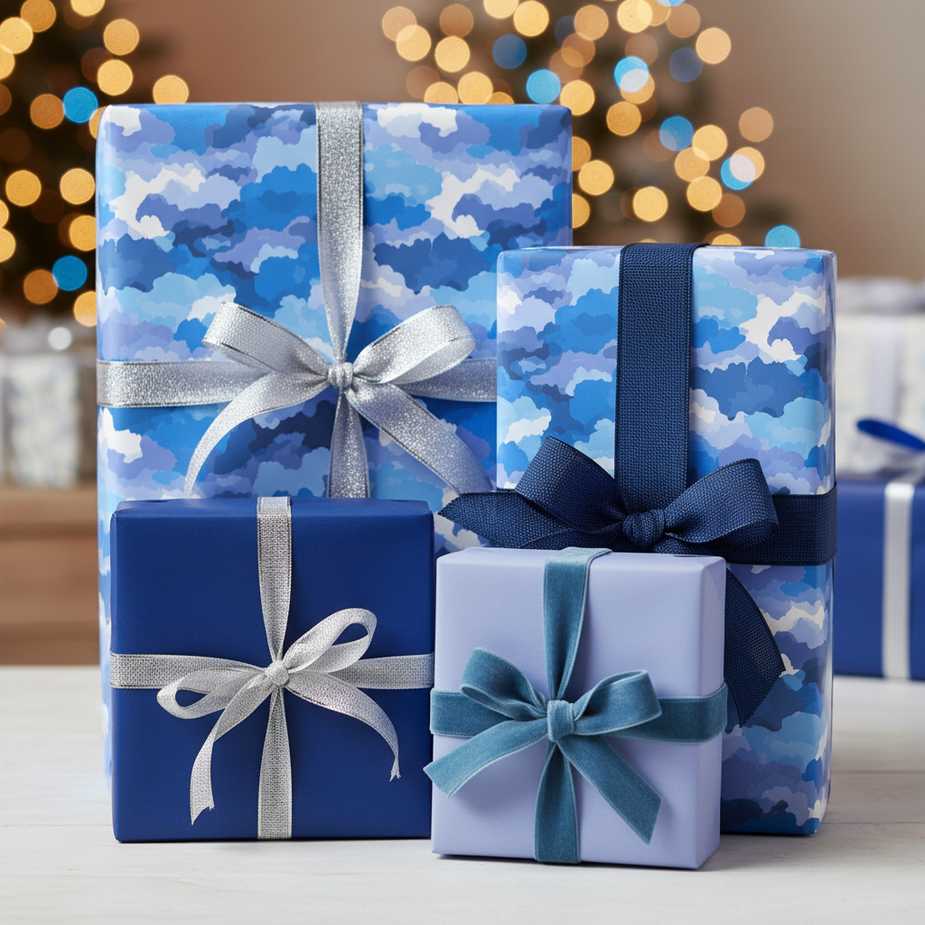 Stacked gifts wrapped in blue patterned paper with silver and navy ribbons, perfect for luxury gift wrap occasions.