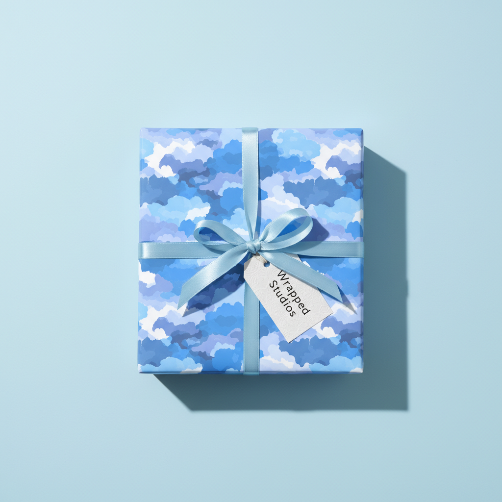 Square gift box wrapped in cloud-patterned blue wrapping paper with a blue satin bow and tag.