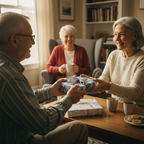 Senior couple exchanging gifts wrapped in pretty floral wrapping paper with gray ribbon.