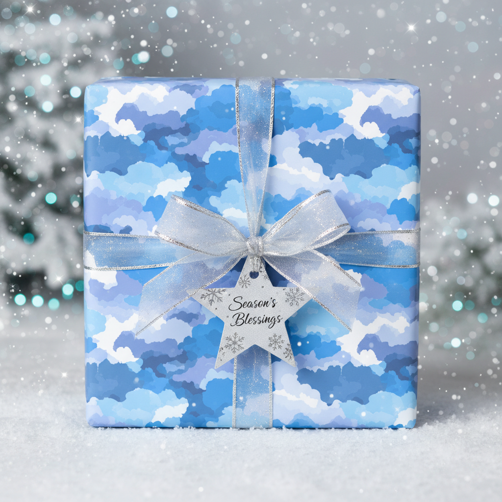 Blue watercolor cloud Christmas gift wrap with silver ribbon bow and star ornament.