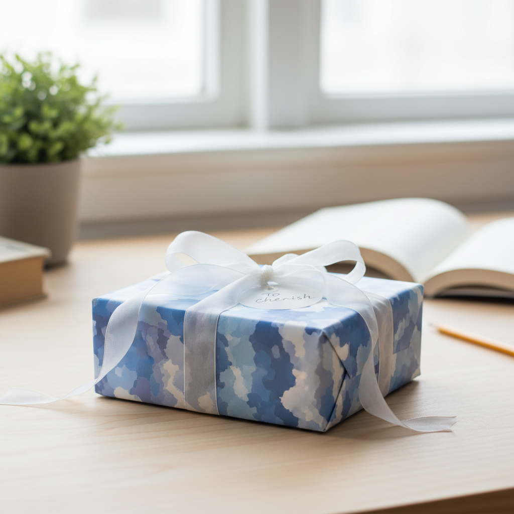Blue and white watercolor wrapping paper on a gift box with sheer white ribbon, perfect for birthday or baby shower.