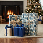 Christmas presents wrapped in tree-patterned gift wrap with blue ribbon and twine, near a fireplace.