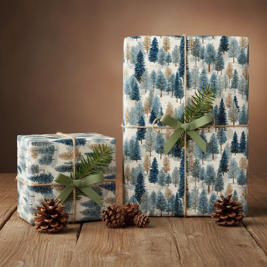 Elegant Christmas gift wrap featuring a blue and beige winter forest pattern, tied with twine and green ribbons.