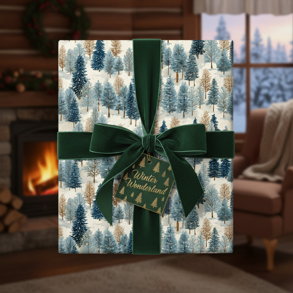 Elegant Christmas gift wrapped in winter forest wrapping paper with a green velvet ribbon.