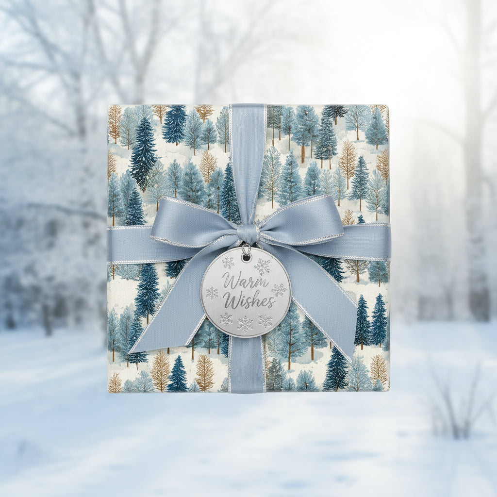 Square gift wrapped in blue winter forest wrapping paper with a silver ribbon and "Warm Wishes" tag.
