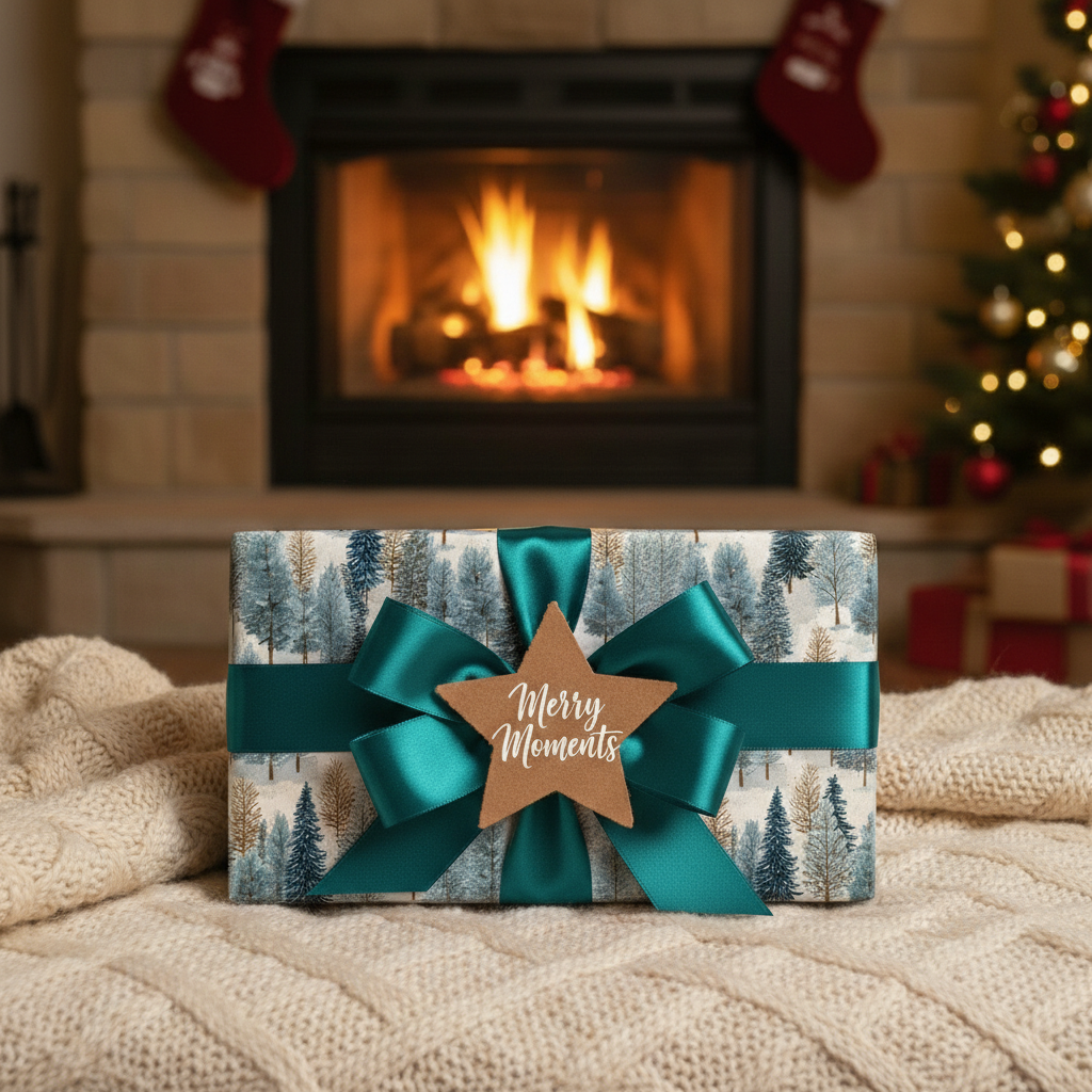 Christmas gift wrapped in winter forest paper with teal ribbon and fireplace background.