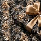 Elegant Christmas gift with black and gold pinecone floral wrapping paper and gold ribbon.