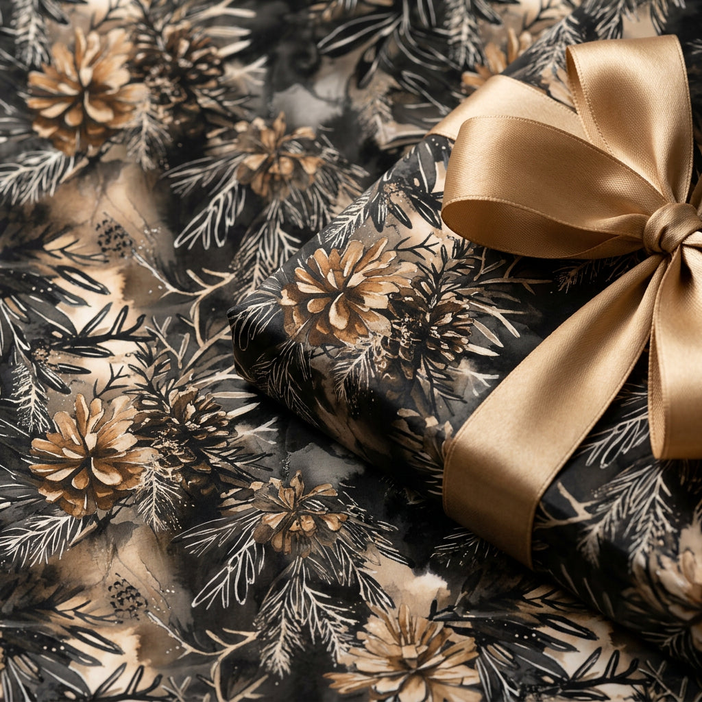 Elegant Christmas gift with black and gold pinecone floral wrapping paper and gold ribbon.