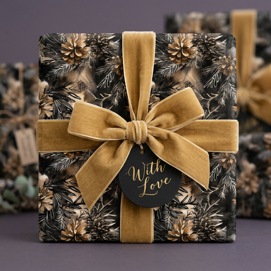 Elegant floral wrapping paper with gold velvet ribbon and "With Love" tag.