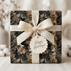 Elegant Christmas gift with pinecone wrapping paper and ivory ribbon, "Happy Holidays" tag.