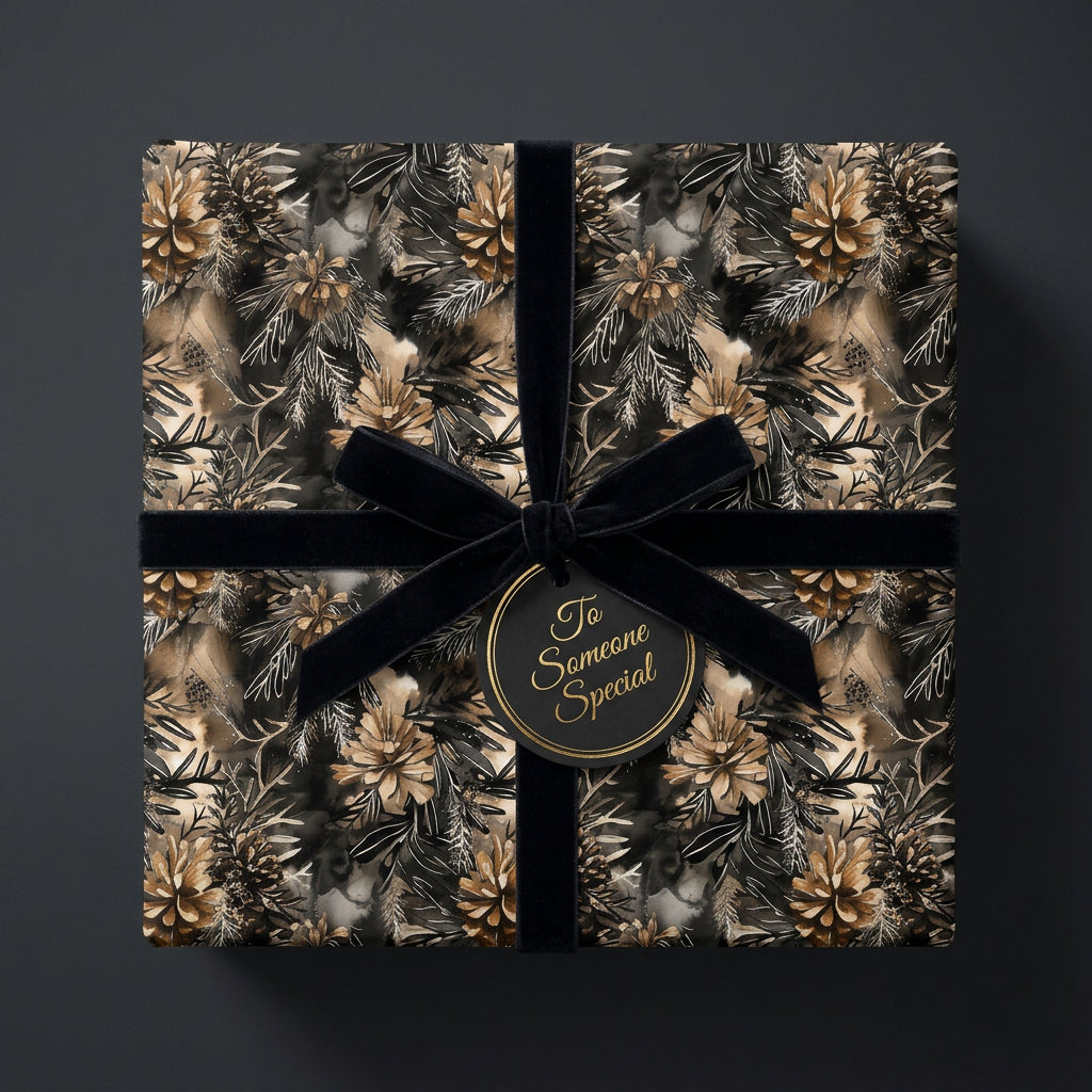 Elegant floral wrapping paper with pinecone and botanical print, tied with a black velvet ribbon.