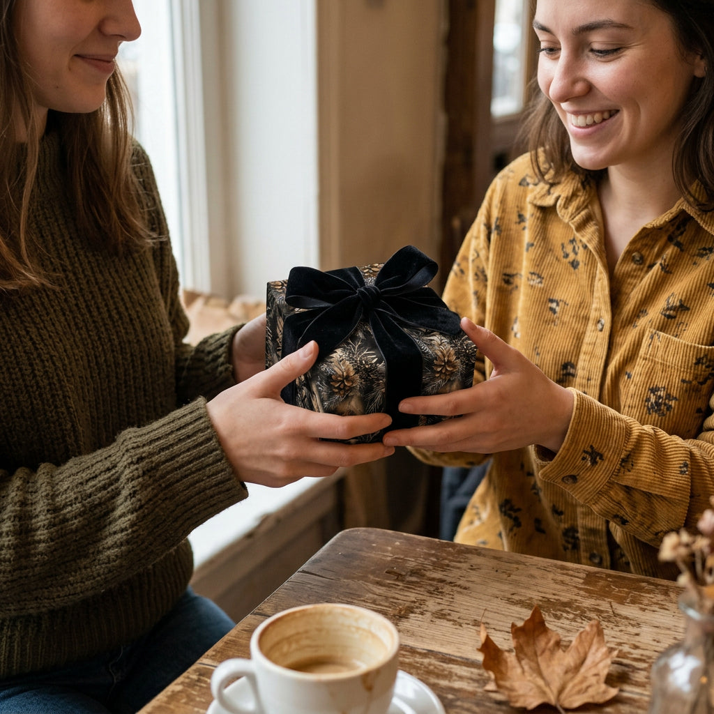Two women exchanging a gift wrapped in elegant pine cone wrapping paper with a black velvet ribbon.