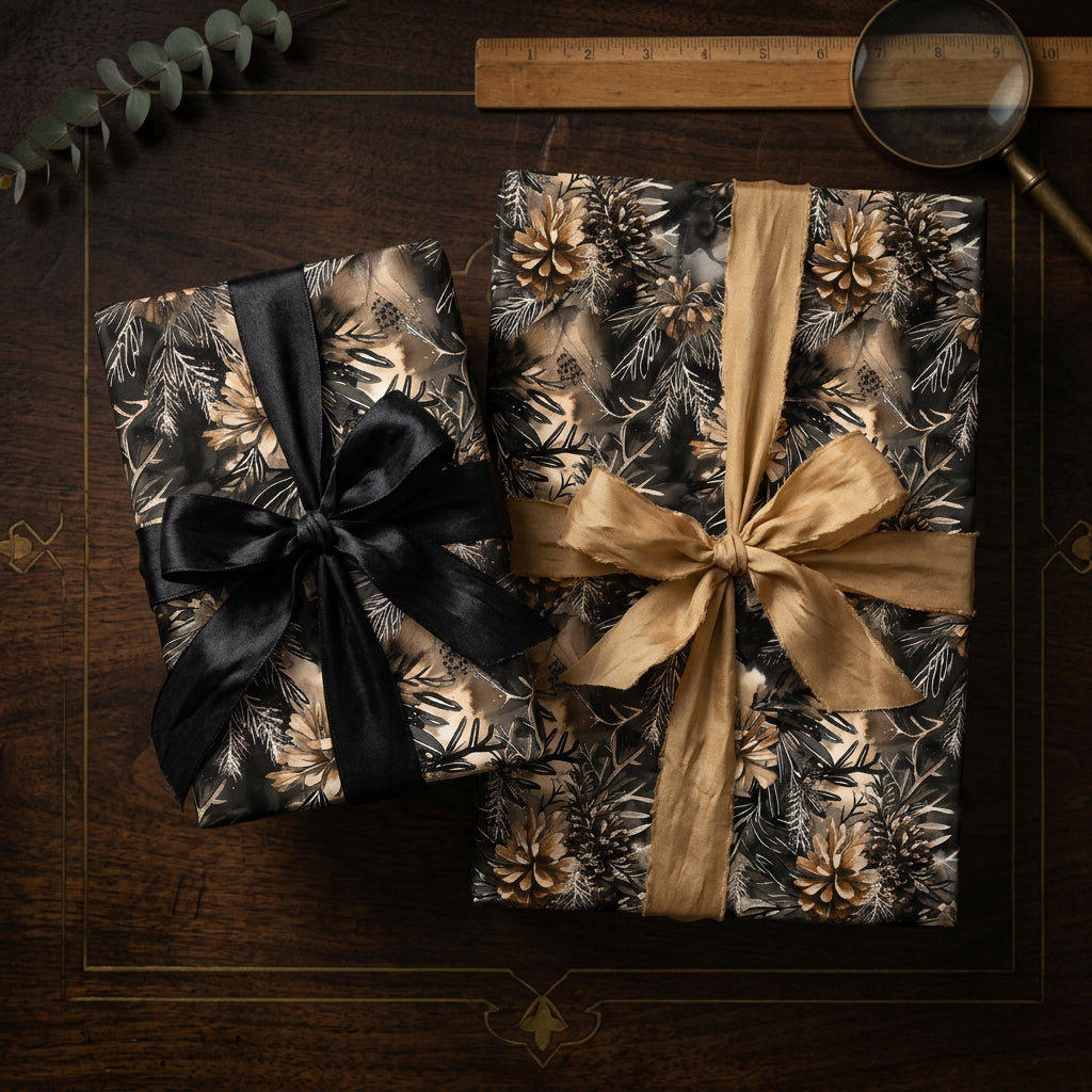 Elegant Christmas gift wrap with pinecone print and silk ribbons, Wrapped Studios.
