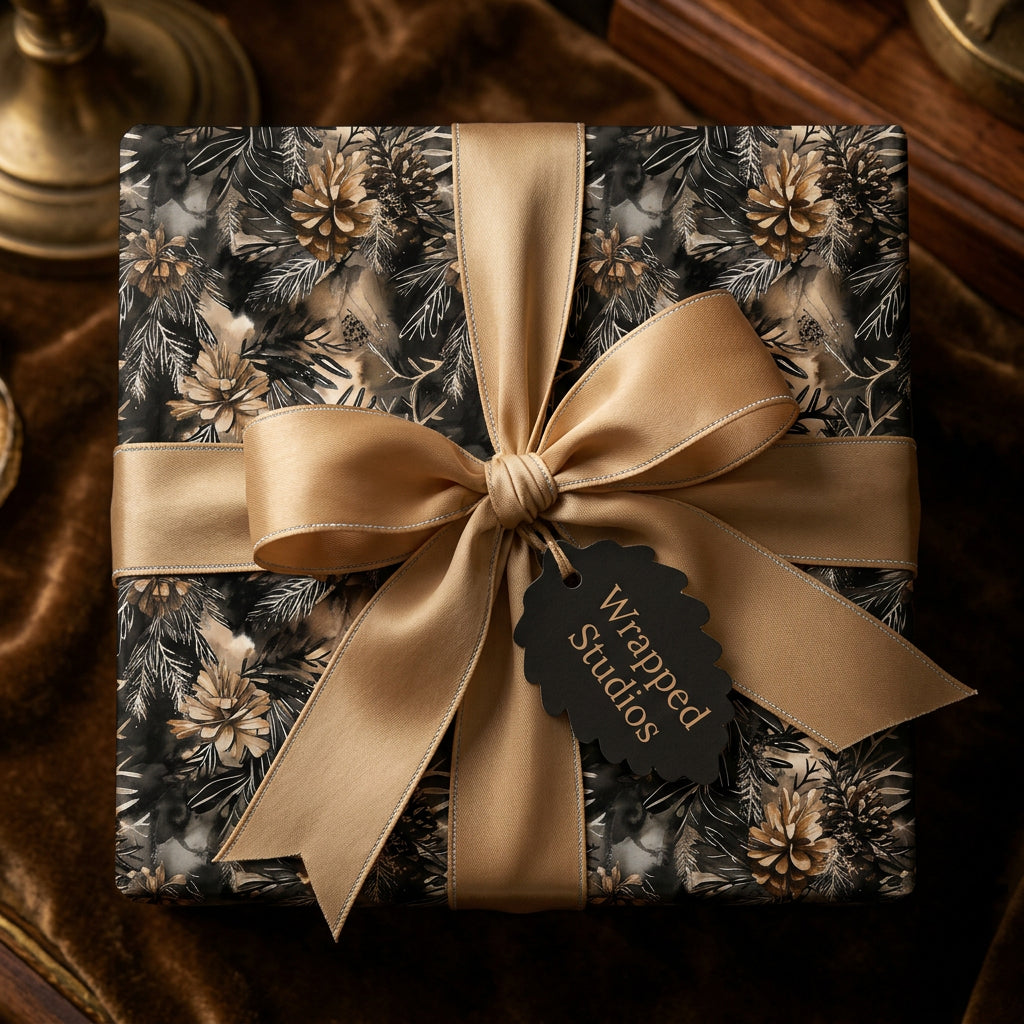 Elegant pinecone Christmas gift wrap by Wrapped Studios with gold ribbon on a square present.