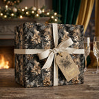 Elegant black floral wrapping paper with cream ribbon and "Warm Wishes" tag.