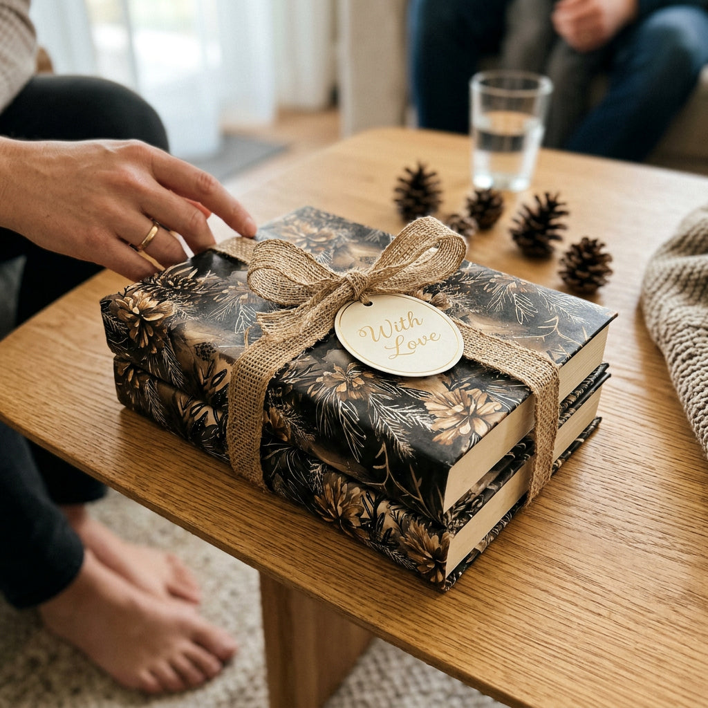 Elegant floral gift wrapping paper with burlap ribbon and "With Love" tag.