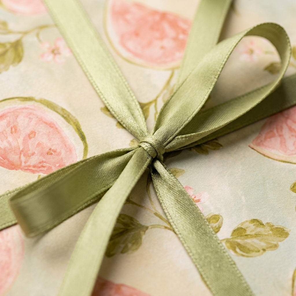 Elegant floral wrapping paper with watercolor figs and a sage green ribbon by Wrapped Studios.