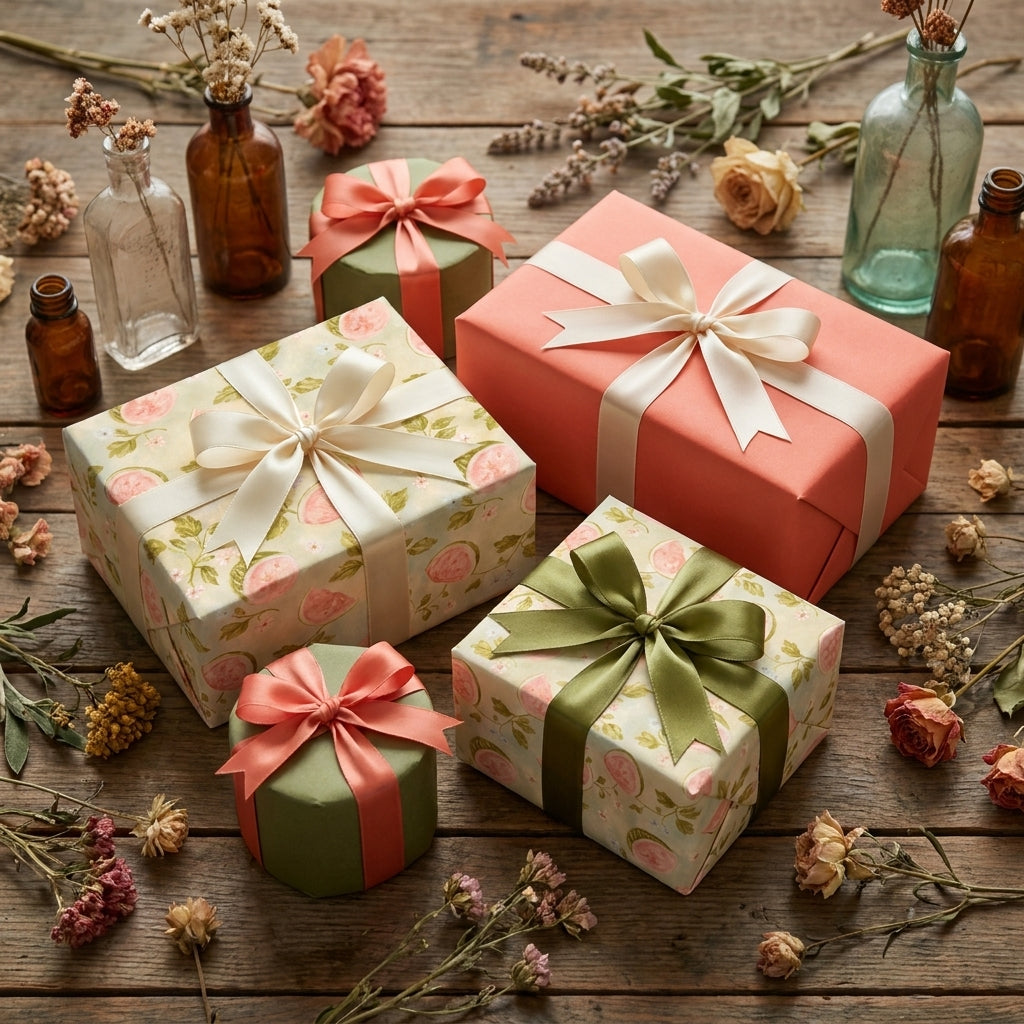 Luxury botanical floral wrapping paper in sage green and coral with satin ribbons by Wrapped Studios.