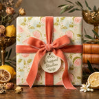 Vintage botanical wrapping paper with pink fruit and coral velvet ribbon by Wrapped Studios.