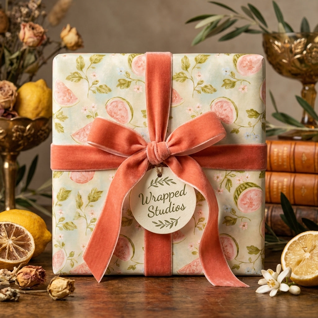 Vintage botanical wrapping paper with pink fruit and coral velvet ribbon by Wrapped Studios.