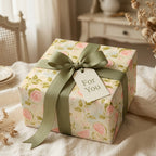Elegant botanical floral wrapping paper in sage green and pink with a ribbon on a gift box by Wrapped Studios.