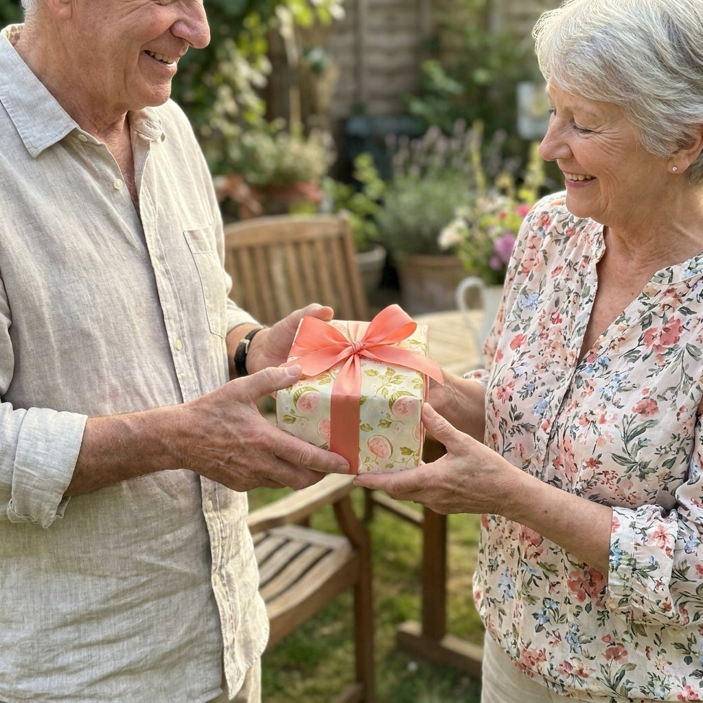 Senior couple exchanging a gift wrapped in luxury floral wrapping paper with coral bow by Wrapped Studios.