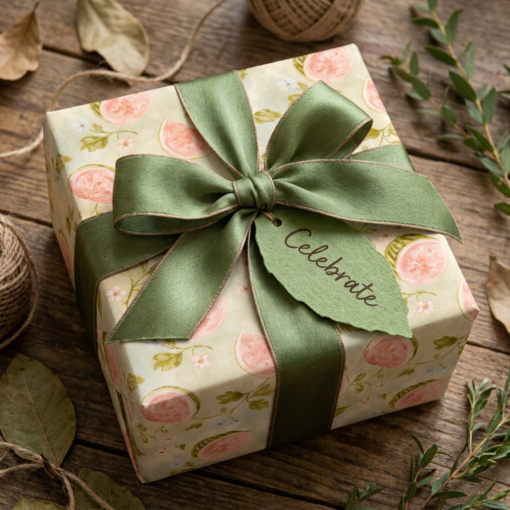 Elegant floral wrapping paper with a sage green ribbon on a rustic gift box, by Wrapped Studios.