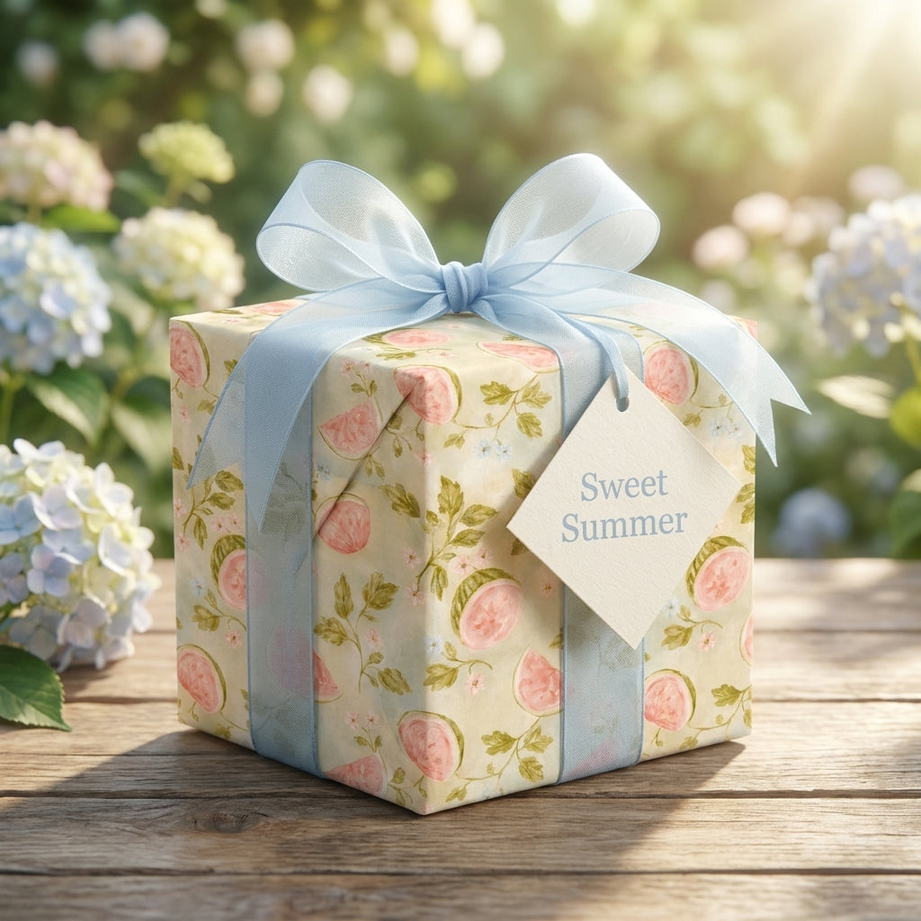 Watermelon floral wrapping paper with a blue bow in a summer garden by Wrapped Studios.